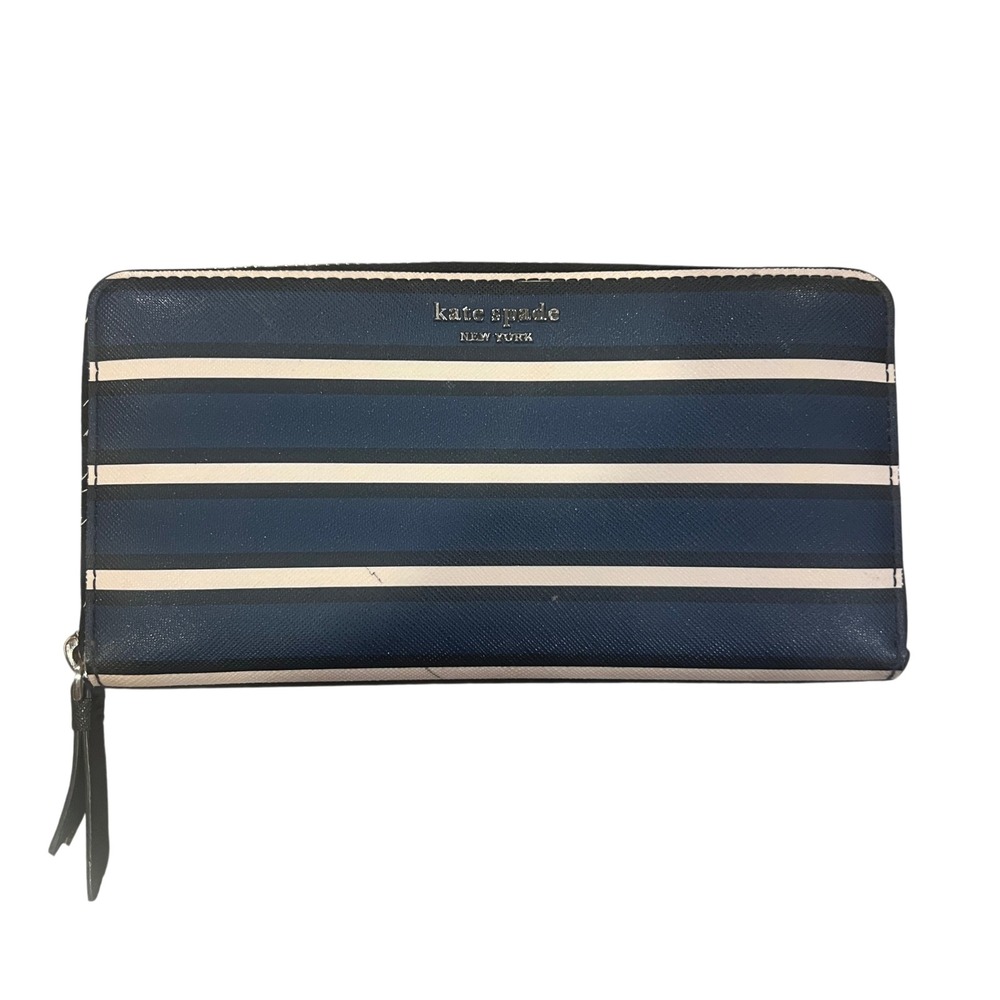 Kate Spade New York Stripe Zip Around Wallet Navy Blue Black Cream Leather